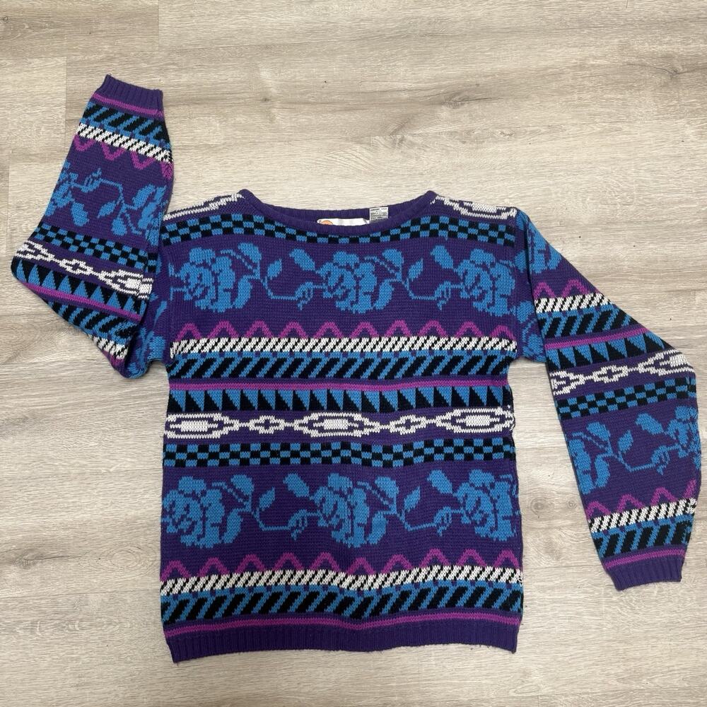 Vintage Country Concepts Sweater Purple Pink Turquoise Novelty Knit Size M